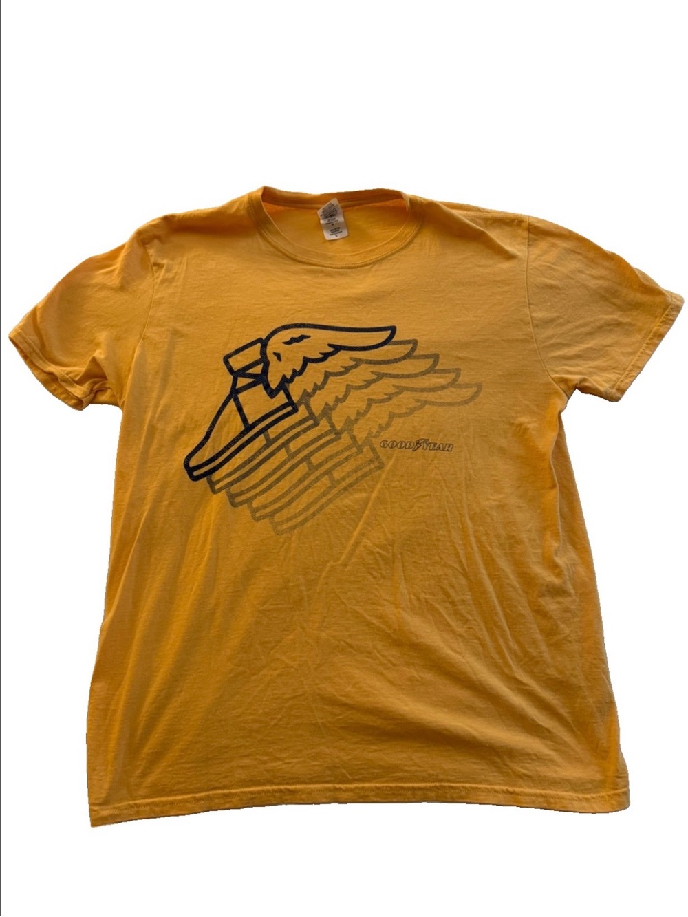 Gildan Yellow Goodyear Short Sleeve Tee with Blue Winged Shoe Graphic